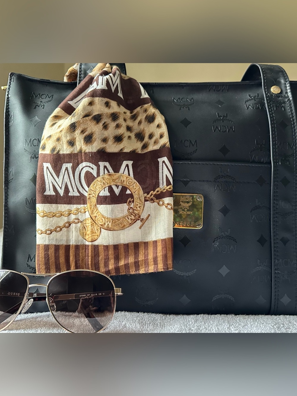 MCM Black Visetos Monogram Tote Bag Gold Hardware + MCM Scarf Bundle Option